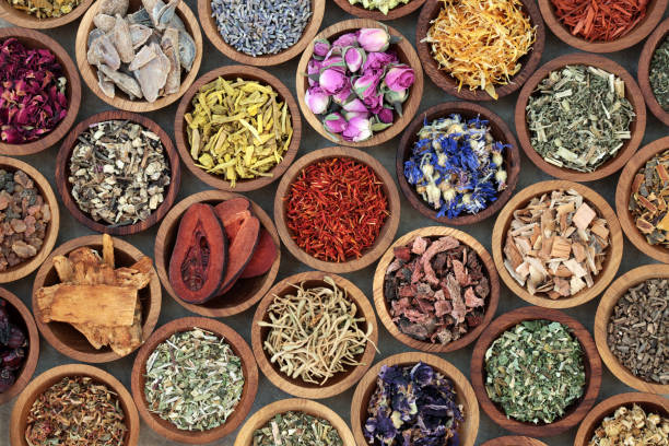 herbs image Herbal medicine used in alternative remedies with a variety of dried herbs and flowers in wooden bowls. Top view.